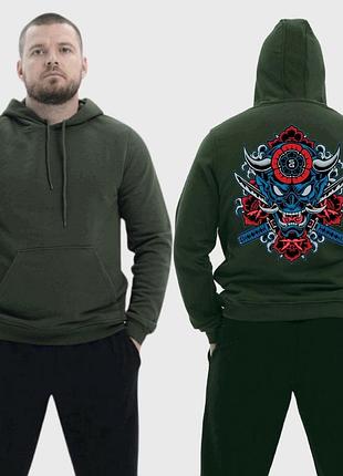 Чоловічий легкий худі з принтом маска оні з рогами мечі катана квіти, хакі