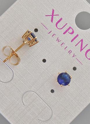 Серьги пусеты xuping с синим кристаллом d-6мм+- позолота 18к