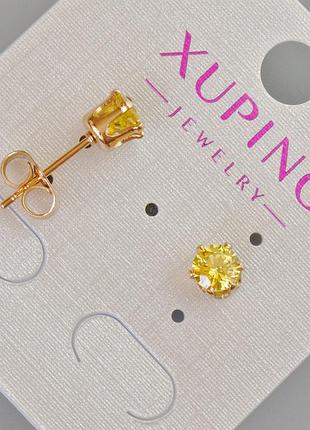 Серьги пусеты xuping с желтым кристаллом d-6мм+- позолота 18к