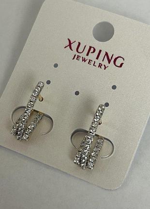 Сережки xuping з білими стразами 2х20мм родій, позолота 18к