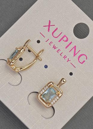 Серьги xuping с белыми стразами и голубым кристаллом d-8мм+- l-14мм+- позолота 18к