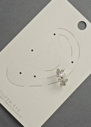 Серьга каф на ушко серебристый металл 7х13мм+-белые стразы