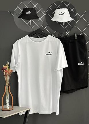 Шорты черные puma белый лого + футболка белая puma + панама puma (панама черная или белая) m