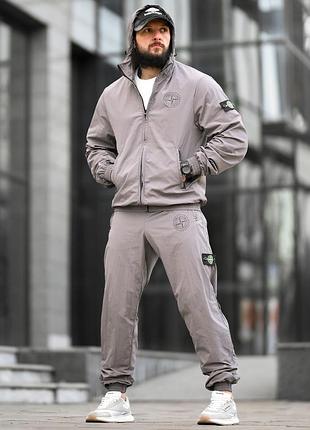Мужской спортивный костюм stone island серый плащевка хороший на весну лето водоотталкивающий повседневный ветрозащитный