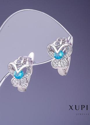 Сережки xuping 14х11мм родій з бірюзовими кристалами