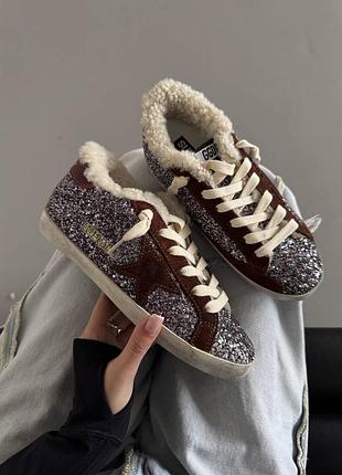 Зимние кеды golden goose superstar metallic sparkles / brown fur premium