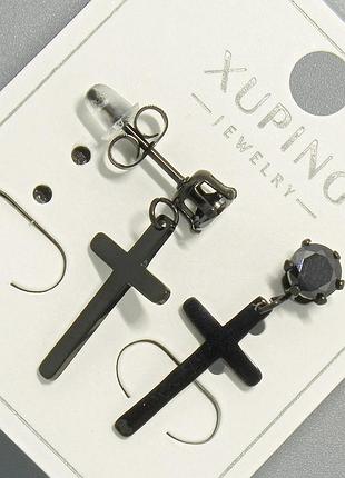 Серьги пусеты "крест" xuping черные с черным кристаллом d-10х18мм l-24,5мм+-