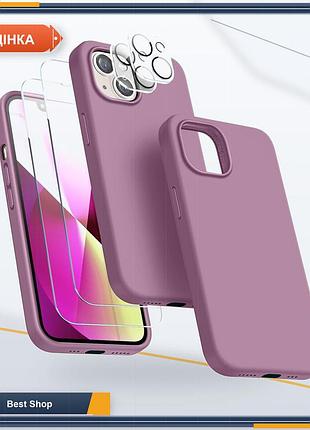 Чехол накладка бампер для iphone 13 жидкий силикон с 2 защитными стеклами и 1 защитой камеры, противоударный