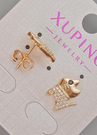 Серьги пусеты xuping "котик" с белыми стразами d-12х10мм+- позолота 18к