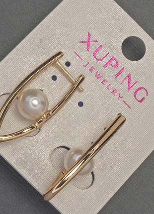 Серьги xuping с бусиной майорка d-8мм+- l-30мм+- позолота 18к