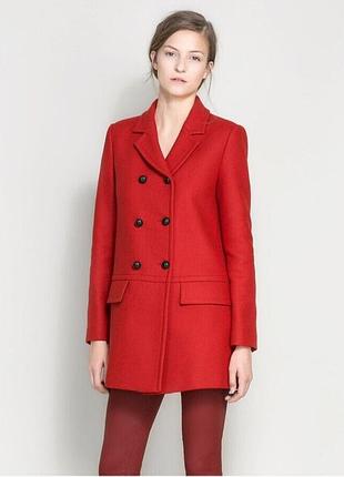Класичне яскраво-червоне двобортне пальто zara woman з вовною розмір s