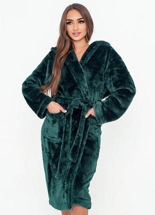 Халат женский махровый с капюшоном, изумрудный, serenade, модель 23 l/xl