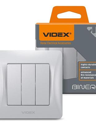 Вимикач трьохклавішний срібний шовк videx binera