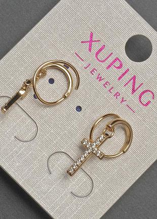 Серьги xuping крест с белыми стразами d-7х12мм+- l-23мм+- позолота 18к
