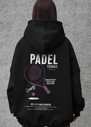 Жіноче оверсайз худі толстовка на флісі з капюшоном та принтом without padel tennis black