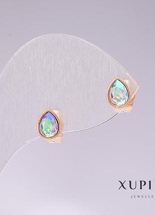 Сережки пусети сережки кульки xuping краплі з блакитним каменем "бензин" позолота 18к 18х7мм