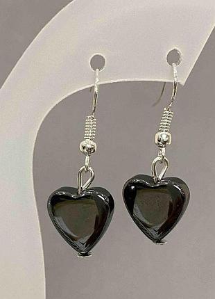 Серьги гематит сердце d-11мм+- l-30мм+-