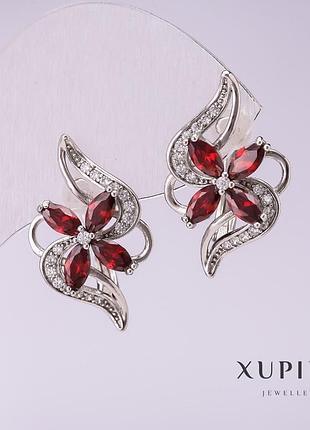 Серьги xuping с красными камнями 10х24мм родий