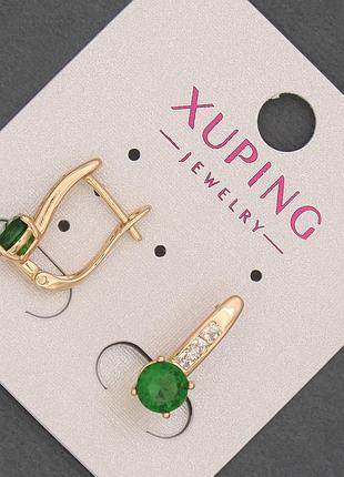 Серьги xuping с белыми стразами и зеленым кристаллом d-6мм+- l-17мм+- позолота 18к