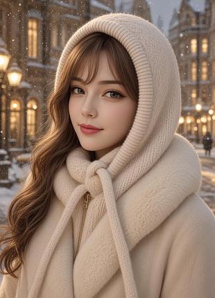 Шапка -капор на женщину, из пряжи альпаки, на осень и зиму.