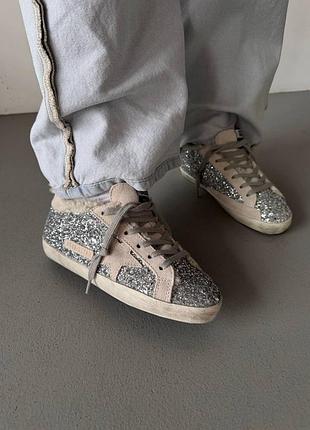 Зимние кеды golden goose superstar silver sparkles / grey fur premium
