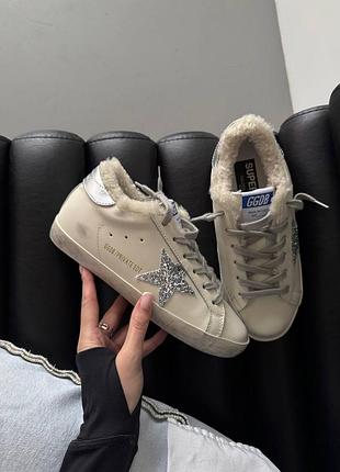 Зимние кеды golden goose ballstar white silver star fur premium