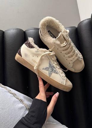 Зимние кеды golden goose superstar white silver brown sparkles fur premium