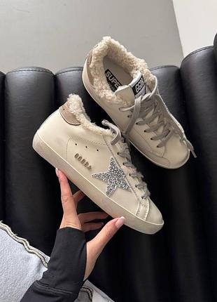 Зимние кеды golden goose superstar white silver beige fur premium
