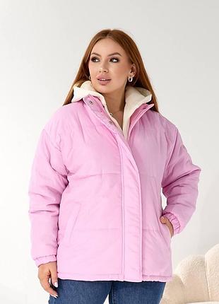 Женская зимняя куртка на синтепоне 250 с воротником и карманами рожевий, 48/52
