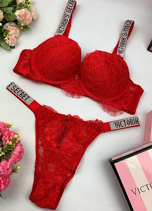 Жіночий комплект ліфчик і труси червоний victoria's secret стильна жіноча спідня білизна зі стразами вікторія сікрет