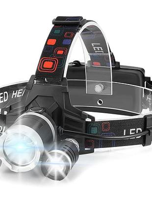 Потрійний налобний ліхтар led headlight на акумуляторі - потужна велофара з регулюванням кута світла