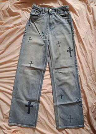 Широкі джинси з хрестами h&m wide leg custom (оверсайз / y2k / streetwear / chrome hearts style)