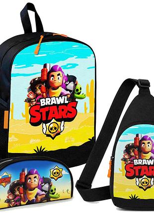 Набор brawl stars шелли 3 в 1: детский рюкзак + сумка-слинг + пенал, для мальчика и девочки 7–9 лет (6029)