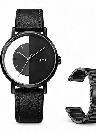 Мужские кварцевые часы tomi gentleman steel black с минеральным стеклом, 2 ремешка