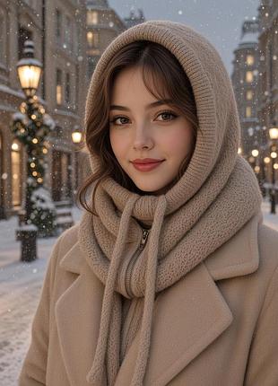 Шапка -капор на жінку з пряжі альпаки, на зиму та осінь.