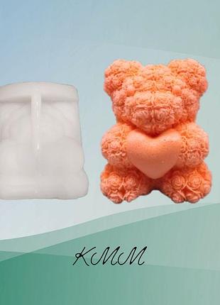 Силиконовая форма люкс 3d мишка в розах с сердцем