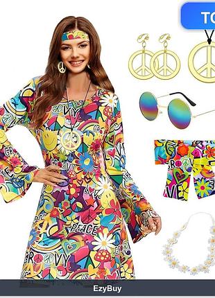 Костюм хиппи для женщин 60s 70s hippie dress на карнавал и хэллоуин, набор из 5 предметов, размер xl