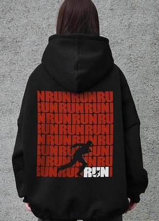 Жіноче оверсайз худі толстовка на флісі з капюшоном та принтом without run black