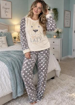 Sleeping suit тепла піжама плюшева флісова біло сіра