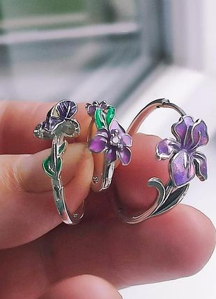 Сережки кільця з квіткою ірис,925 проба