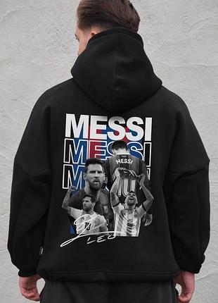 Чоловіче оверсайз худі толстовка на флісі з капюшоном та принтом without messi black