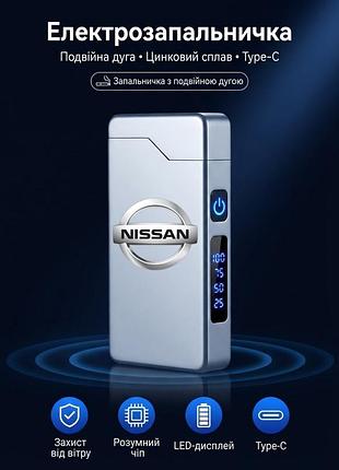 Электрозажигалка с принтом nissan и двойной дугой, usb type-c — серебристая металлическая ветрозащитная импульсная зажигалка с