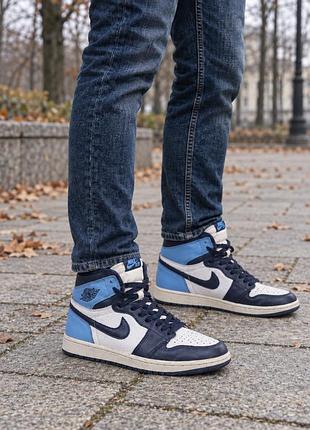 Кожаные мужские кроссовки nike air jordan, деми кеды, синие хайтопы, весна осень, р. 40