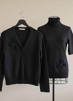 Женский шерстяной комплект allure de elle кардиган + гольф xs s черний