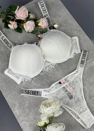 Жіночий комплект ліфчик і труси білий victoria's secret стильна жіноча нижня білизна зі стразами вікторія сікрет