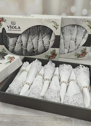 Скатертина з мереживом viola прямокутна у подарунковій коробці 8 серветок біла