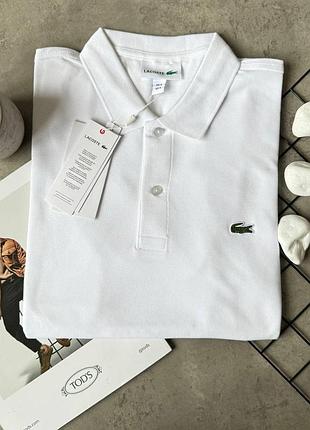 Поло мужское lacoste белое однотонное летнее классическая футболка фирменная под горло брендовая тенниска на лето лакоста из хлопка