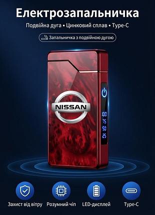 Электрозажигалка с принтом nissan и двойной дугой, usb type-c — красная металлическая ветрозащитная импульсная зажигалка с