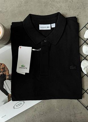 Поло мужское lacoste черное однотонное классическая футболка фирменная под горло брендовая тенниска на лето лакоста из хлопка