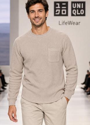 Лонгслів чоловічий uniqlo, бежевий, розмір m, вафельна бавовна